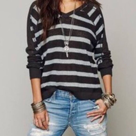 Free People Striped Sweater, Light Blue Grey Stripes, Crocheted Boho V-Neck - Picture 1 of 11